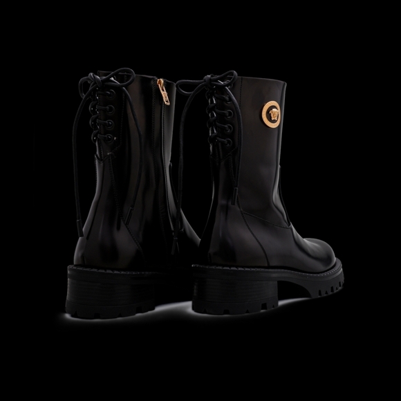 Versace Black Combat Boots with Gold Medallion - Picture 3 of 9